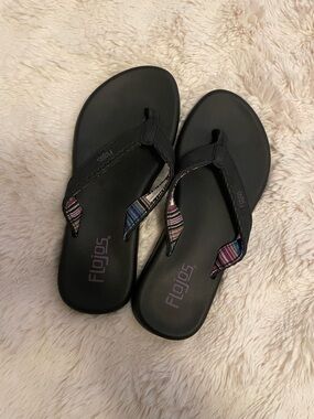 Flojos Black Flip Flops with Multicolor Woven Straps